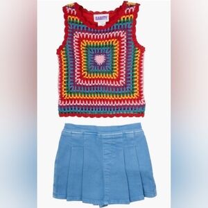 NWT Rarity Crocheted Rainbow Tank & Denim Skort Set